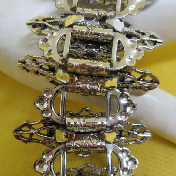 VICTORIAN REVIVAL RHINESTONE Bracelet A B Rhinestone Faux Pearl Filigree Silver - Picture 16 of 16